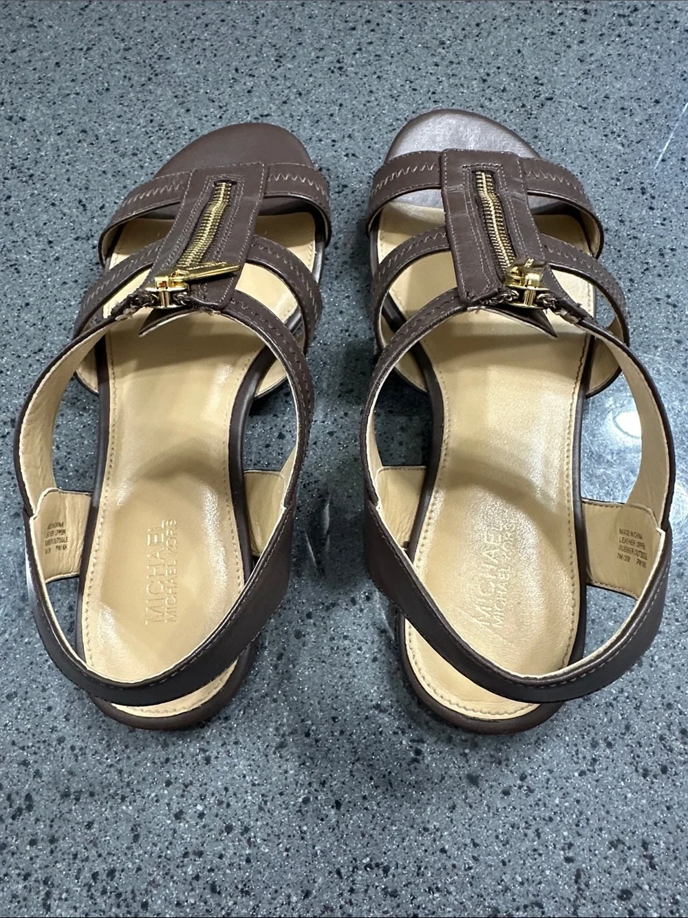 MICHAEL KORS Brown Leather Zip-Front Slingback Sandals